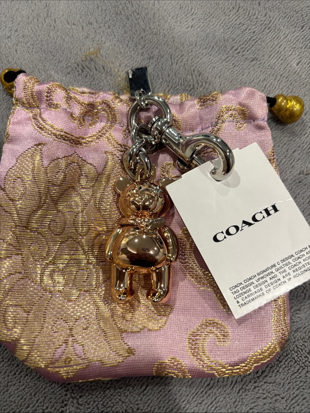 Coach Rose Gold & Silver Teddy Bear Key Charm